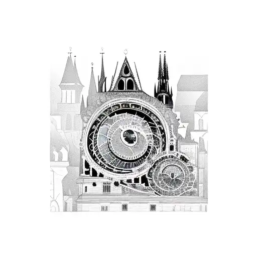 combination of Prague astronomical clock with NYC skyline tattoo design idea