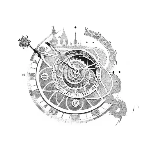 combination of Prague astronomical clock with NYC skyline tattoo design idea