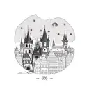 combination of Prague astronomical clock with NYC skyline tattoo design idea
