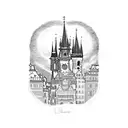 combination of Prague astronomical clock with NYC skyline tattoo design idea