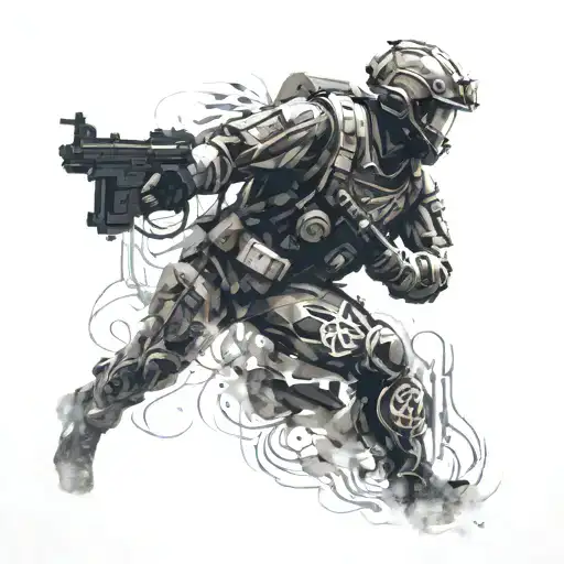 An abstract representation of a soldier's silhouette in motion, overlaid with a glowing pharos and intricate army symbols, capturing the essence of strength and determination tattoo design idea