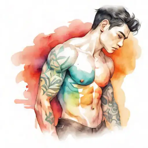 scrawny black haired boy with colorfully tattooed torso tattoo design idea