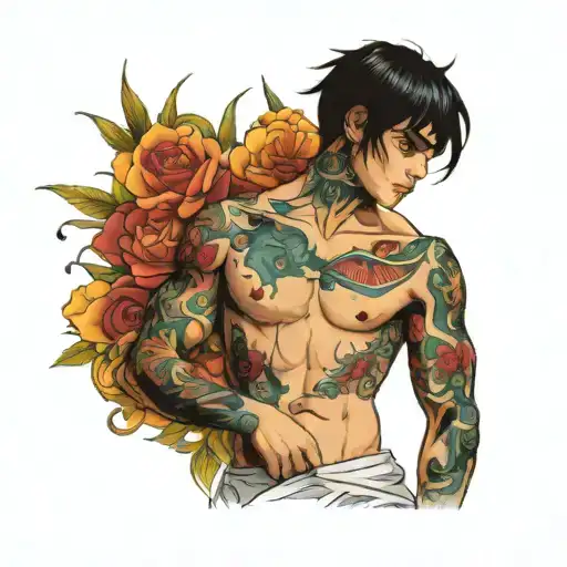 scrawny black haired boy with colorfully tattooed torso tattoo design idea