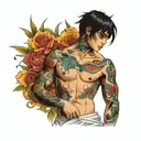 scrawny black haired boy with colorfully tattooed torso tattoo design idea