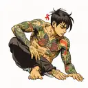 scrawny black haired boy with colorfully tattooed torso tattoo design idea