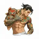 scrawny black haired boy with colorfully tattooed torso tattoo design idea