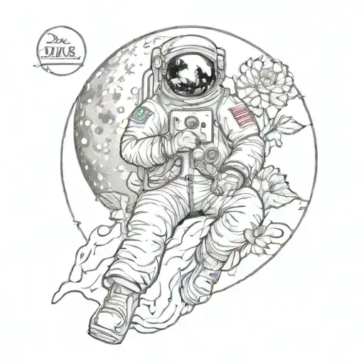 tattoo of an astronaut in profile sitting on top of the full moon looking at a chrysanthemum tattoo design idea