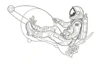 Minimalist line tattoo of an astronaut in profile sitting on top of the full moon looking at a chrysanthemum tattoo design idea