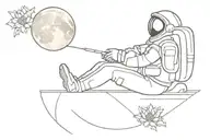Minimalist line tattoo of an astronaut in profile sitting on top of the full moon looking at a chrysanthemum tattoo design idea