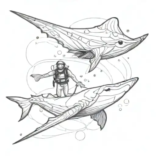 Diver and manta ray tattoo design idea
