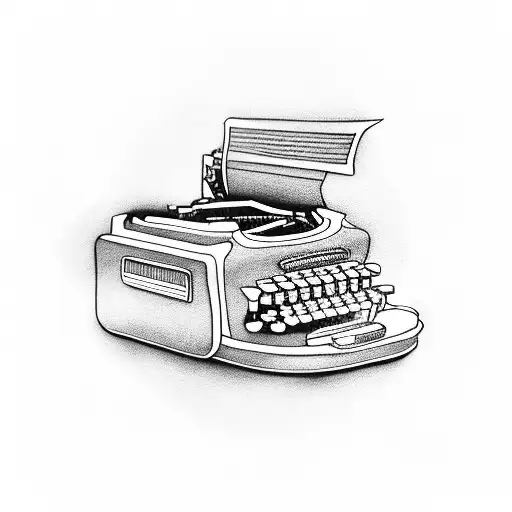 A typewriter morphing into a video game console, symbolizing the power of storytelling in both mediums tattoo design idea