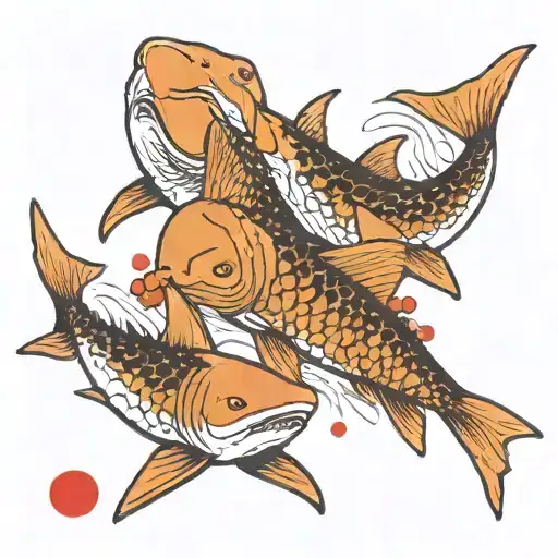 black and white ink sharks swimming in front of a red dot representing the sun and some koi carp arounf them tattoo design idea