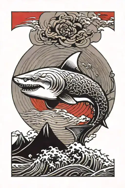 japanese styled shark in front of a red sun and some black kanjis tattoo design idea