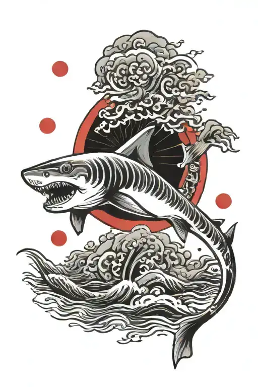 japanese styled shark in front of a red sun and some black kanjis tattoo design idea