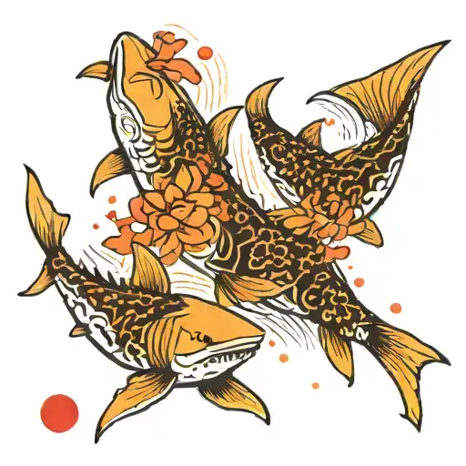 black and white ink sharks swimming in front of a red dot representing the sun and some koi carp arounf them tattoo design idea
