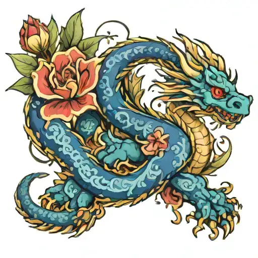 Paw print on the right hand side with blue flowers underneath it, the flowers spread to a dragon that is tangled in them tattoo design idea