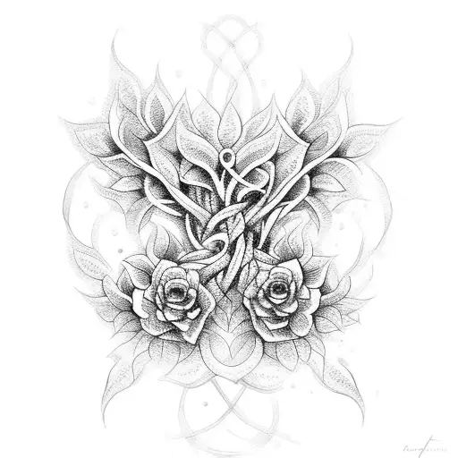 A dotwork tattoo depicting weeping angels intertwined with flowering vines tattoo design idea