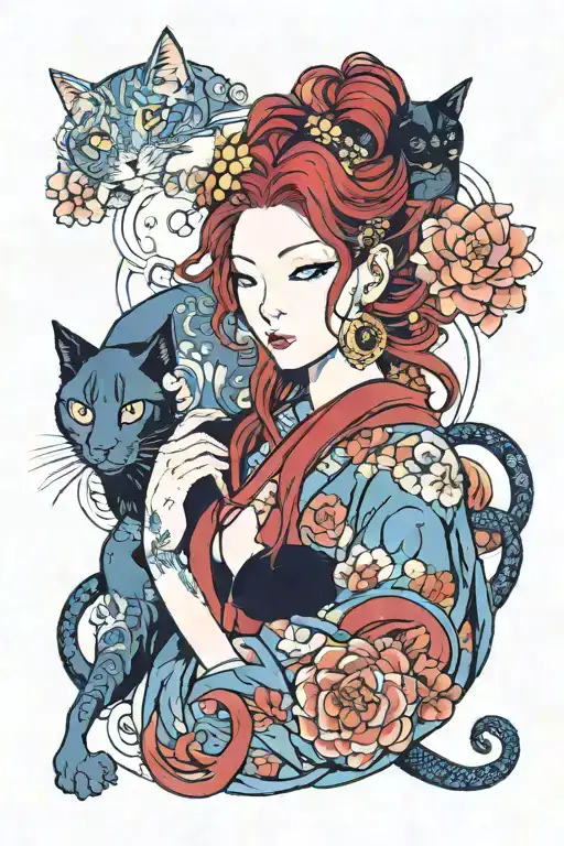 a red-haired woman with blue eyes and a black cat with very long hair tattoo design idea