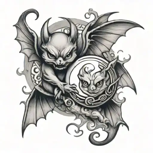 two flying little devils holding ying and yang symbols tattoo design idea