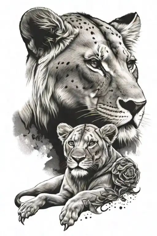 lioness with angel wing cub tattoo design idea