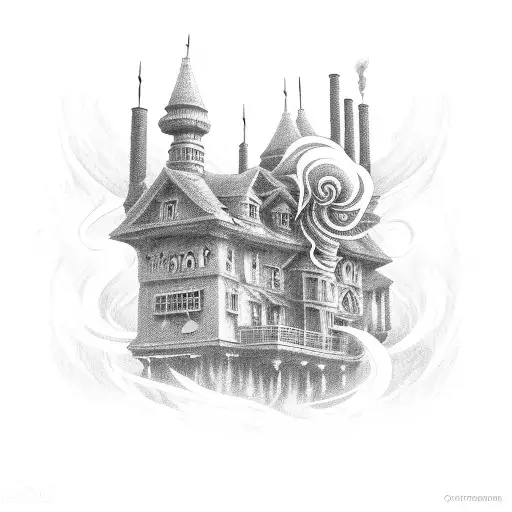 A trap house surrounded by swirling smoke, with the words 'God of the Game' in a bold font. tattoo design idea