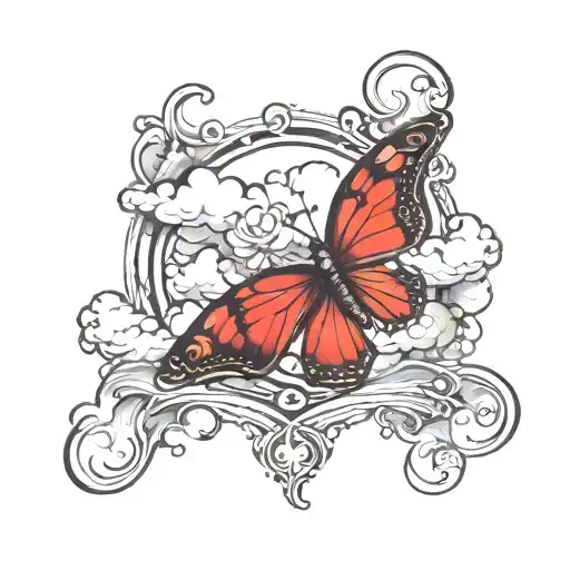 red butterly with clouds in the back and the name aaliyah tattoo design idea