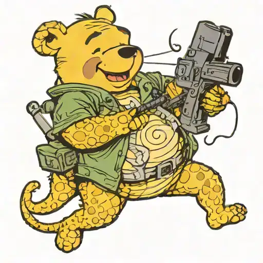 Winnie the poo, holding two machine guns, fighting pickle rick tattoo design idea