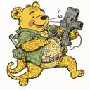 Winnie the poo, holding two machine guns, fighting pickle rick tattoo design idea