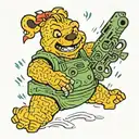 Winnie the poo, holding two machine guns, fighting pickle rick tattoo design idea