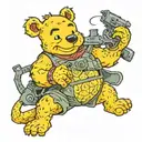 Winnie the poo, holding two machine guns, fighting pickle rick tattoo design idea