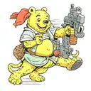 Winnie the poo, holding two machine guns, fighting pickle rick tattoo design idea