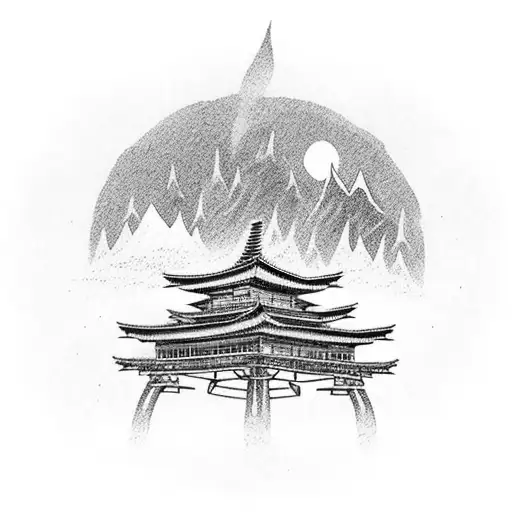 A campfire scene with silhouettes of iconic Japanese landmarks, like Mount Fuji and a torii gate tattoo design idea