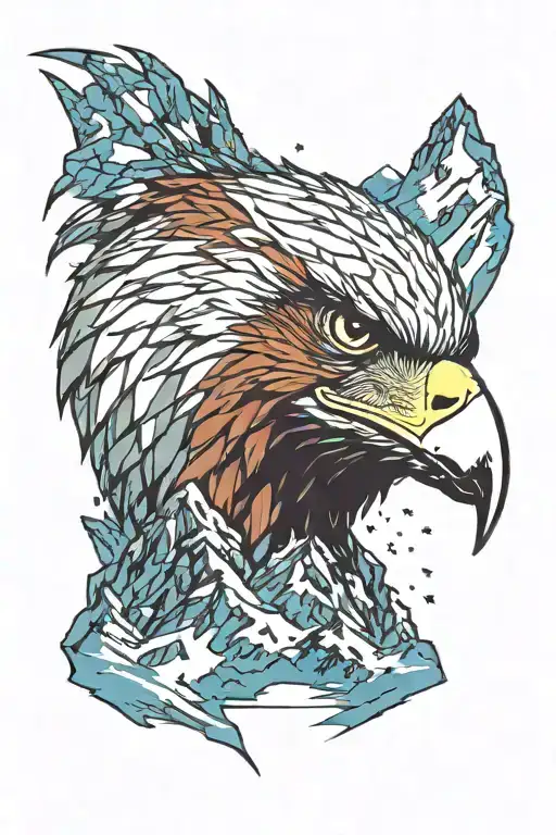 mountains and eagle head profile holding tattoo design idea