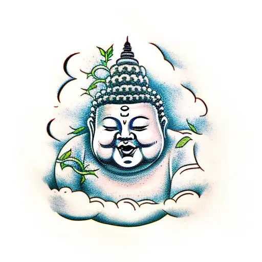 Fat Buddha with clouds and vines tattoo design idea