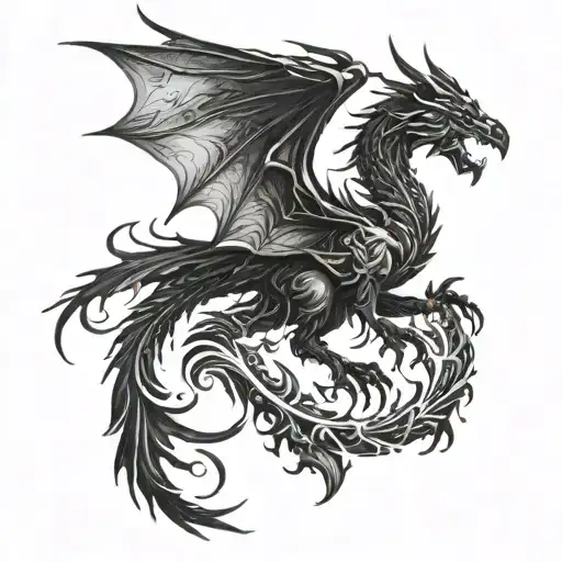 A mythical creature like a dragon or phoenix, merging elements of video games and fantasy movies tattoo design idea