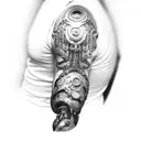 biomech bionic cyborg arm shoulder and full sleeve  tattoo design idea