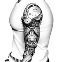 biomech bionic cyborg arm shoulder and full sleeve  tattoo design idea
