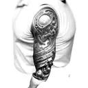 biomech bionic cyborg arm shoulder and full sleeve  tattoo design idea