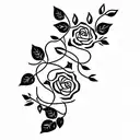 rectangle with vines crossing around the rectangle. and 5 roses on the vines and 3 other flowers on the rectangle tattoo design idea