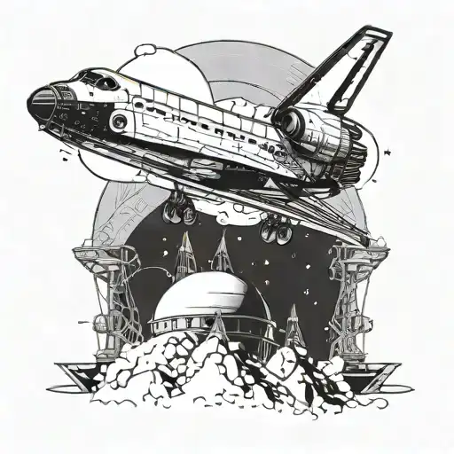 A dotwork tattoo of a space shuttle flying over a construction site on a distant planet tattoo design idea