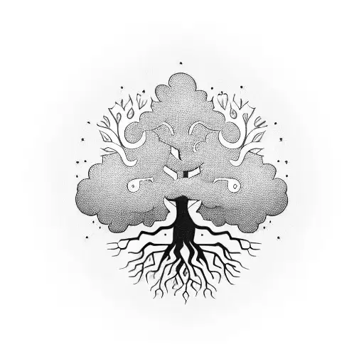 A blackwork design of a majestic tree with roots that spell out the date of your grandfather's passing, surrounded by a garden full of life tattoo design idea