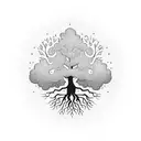 A blackwork design of a majestic tree with roots that spell out the date of your grandfather's passing, surrounded by a garden full of life tattoo design idea