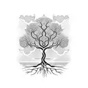 A blackwork design of a majestic tree with roots that spell out the date of your grandfather's passing, surrounded by a garden full of life tattoo design idea