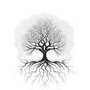 A blackwork design of a majestic tree with roots that spell out the date of your grandfather's passing, surrounded by a garden full of life tattoo design idea