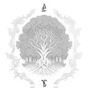 A blackwork design of a majestic tree with roots that spell out the date of your grandfather's passing, surrounded by a garden full of life tattoo design idea