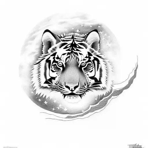 The tattoo design features a detailed image of a half tiger, half wolf face under the full moon and stars. The tiger and tattoo design idea