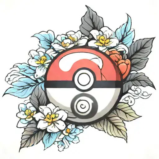 pokeball on top of flowers tattoo design idea