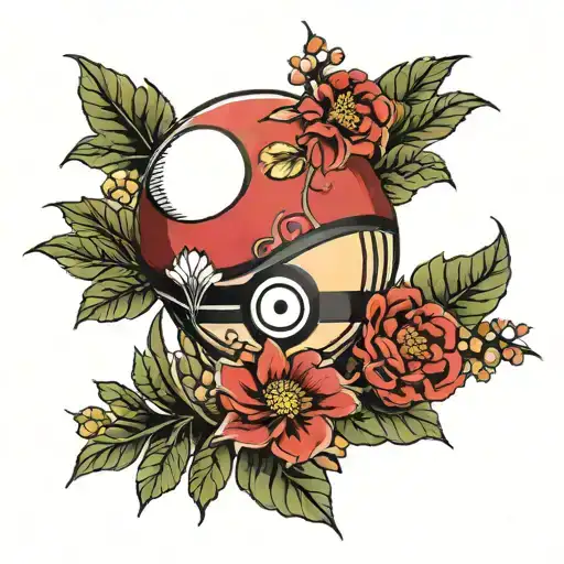 pokeball on top of big flowers tattoo design idea