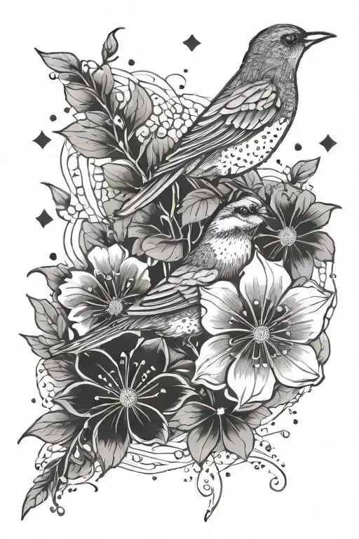 Cosmo flowers and bird rising tattoo design idea