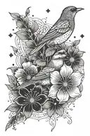 Cosmo flowers and bird rising tattoo design idea